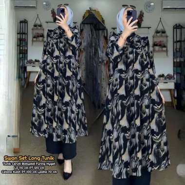 Swan Set Long Tunik - One Set Wanita Long Tunik Ceruty Babydoll Premium Setelan Wanita Kekinian Ruff
