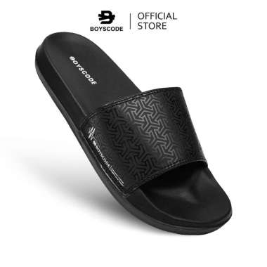 BOYSCODE Sendal Selop Karet Distro Pria Wanita Motif Triangle Hitam Fullblack 39