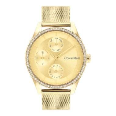 Jam Tangan Wanita Calvin Klein Spark 25100011 Multifunction Gold Dial Gold Mesh Strap