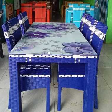 MEJA MAKAN ROTAN 4 KURSI + MEJA KACA MOTIF FREE ONGKIR SERANG UNGU