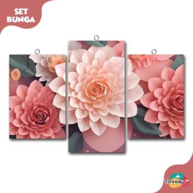 TENNESY Hiasan Dinding 1 Set Bunga 3D Paper Flowers Pink 3 Panel Besar Bingkai Foto Wall Decor Aesth