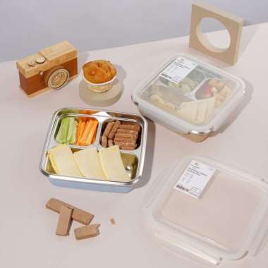 Huggy Baby Kotak Makan Stainless Steel 1200ml dengan 3 Sekat Latte