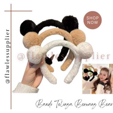 Bando Telinga Pom Pom Beruang Bear Lucu / Bando Bandana Kuping Beruang / Bando Karakter Bulu / Bando