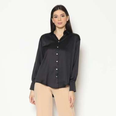 Parayu - Kemeja Blouse Wanita Silk Plain V-Neck Lengan Panjang - Peach, L M Hitam