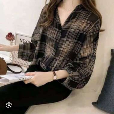 kemeja flanel wanita kotak kotak halus M cream sakura