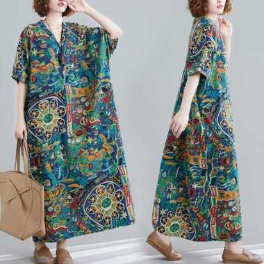Furia Dress - Jumbo Dress Katun Linen Motif Abstrak Fashion Te