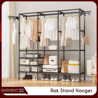 Rak Lemari Terbuka Stand Hanger Berdiri Gantungan Baju Double Susun Praktis Big Size 2 BARIS HITAM