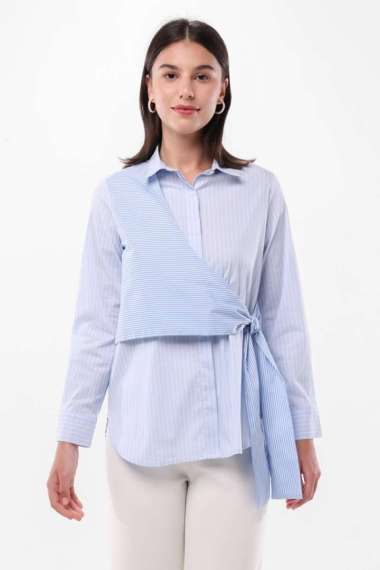 MINIMAL - Arabella - Kemeja Motif Garis Detail Wrap & Tali - Blue XXL Blue