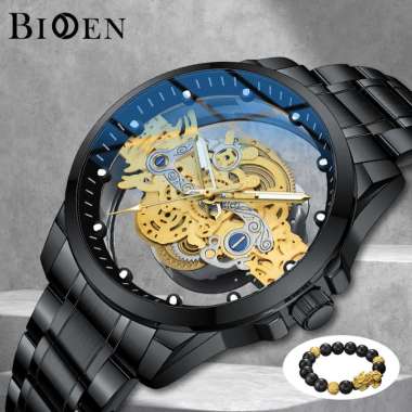 BIDEN Jam Tangan Pria Anti Air Transparan Dial Kemewahan Mode Kuarsa Tali Stainless Steel Jam Tangan