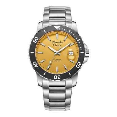 Jam Tangan Pria Alexandre Christie AC 6141 MA BSSYL Men Automatic Yellow Dial Stainless Steel Strap