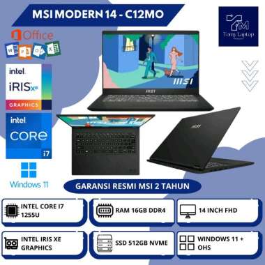 LAPTOP BARU MSI MODERN 14 INTEL CORE I7-1255U RAM 16GB DDR4 SSD 512GB NVME 14INCH FHD BLK - C12MO