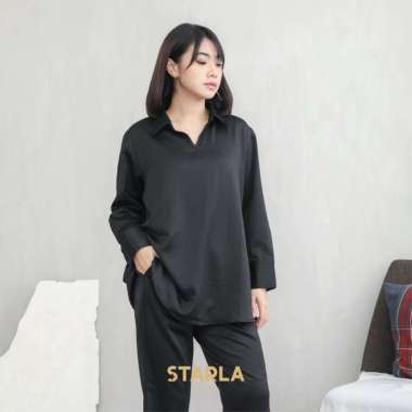 Jaya Hebat Starla Kanaya One Set Wanita Atasan Celana Panjang Piyama Baju Tidur Satin Black