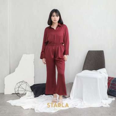 Jaya Hebat Starla Kanaya One Set Wanita Atasan Celana Panjang Piyama Baju Tidur Satin Maroon