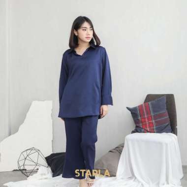 Jaya Hebat Starla Kanaya One Set Wanita Atasan Celana Panjang Piyama Baju Tidur Satin Navy