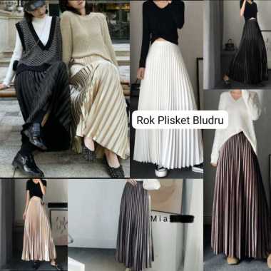 Rok plisket buludru super premium lebar bahan nyaman - Rok Plisket mewah Bludru PUTIH