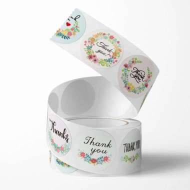 Sticker Tempelan Thank You Seal Label Kertas 1 roll isi 500 Pcs Bulat Bunga Kucing Gelas Makanan UMK