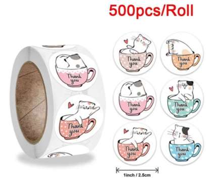 Sticker Tempelan Thank You Seal Label Kertas 1 roll isi 500 Pcs Bulat Bunga Kucing Gelas Makanan UMK