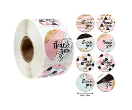 Sticker Tempelan Thank You Seal Label Kertas 1 roll isi 500 Pcs Bulat Bunga Kucing Gelas Makanan UMK