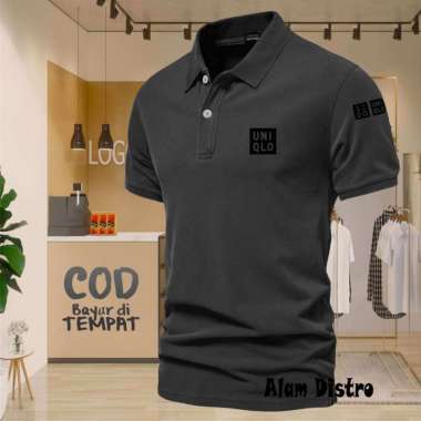 COD T-shrit POLO kerah Uniqlo Plus Lengan Text Hitam Kaos Kerah Dewasa Shirt / Kaos Wangki Pria Polo