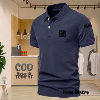 COD T-shrit POLO kerah Uniqlo Plus Lengan Text Hitam Kaos Kerah Dewasa Shirt / Kaos Wangki Pria Polo