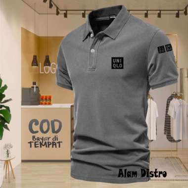COD T-shrit POLO kerah Uniqlo Plus Lengan Text Hitam Kaos Kerah Dewasa Shirt / Kaos Wangki Pria Polo