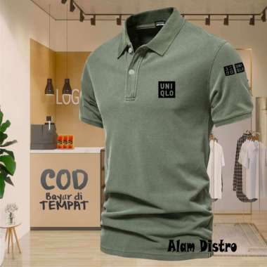 COD T-shrit POLO kerah Uniqlo Plus Lengan Text Hitam Kaos Kerah Dewasa Shirt / Kaos Wangki Pria Polo