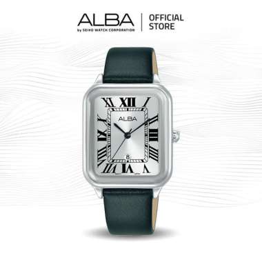 Alba Jam Tangan Wanita Kotak AH7DX7 Quartz Silver Dial Black Leather