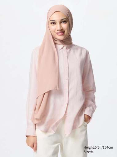 UNIQLO Kemeja Premium Linen Wanita Lengan Panjang Pink XL