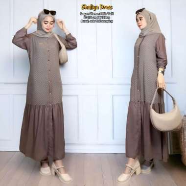 Shafiya Dress Wanita Rayon Diamond Mix Twill Gamis Kekinian Susun Kancing Lengan Panjang LD 110 cm S