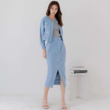 STYLE BUTIK Liz Midi Denim Asymmetrical Skirt I Y2K Rok Denim Pink M Blue Snow