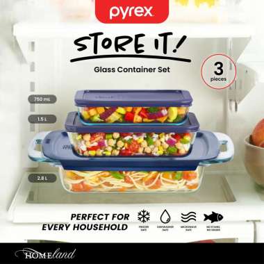 PYREX Easy Grab Loyang Kaca dengan Tutup Plastik / Kotak Makan Kaca Kedap Udara BPA Free