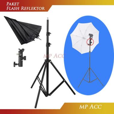 Paket Tripod Hot Shoe Adapter Stand Payung Reflektor Flash Kamera Hitam
