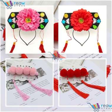 Bando Imlek Sincia Cewek Putri MeiMei Keke Onde Bulat Merah Rumbai Bando Pita Tassel
