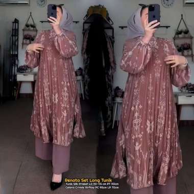 Renata Set - One Set Wanita Long Tunik Silk Prisket Premium Setelan Wanita Kekinian Ruffle Lengan Pa