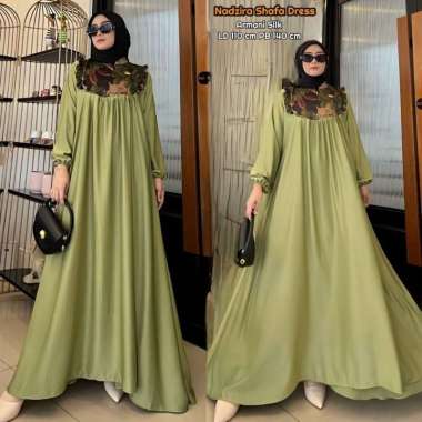 Dress Bunga Sepatu - Dress Wanita Armani Silk Gamis Terbaru Lengan Balon Panjang Baju Muslim Ruffel Motif Bunga Kekinian LD 110 cm Nazhira Pupus