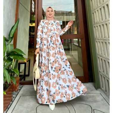 Dress Bunga Sepatu - Dress Wanita Armani Silk Gamis Terbaru Lengan Balon Panjang Baju Muslim Ruffel Motif Bunga Kekinian LD 110 cm Aurel Blush