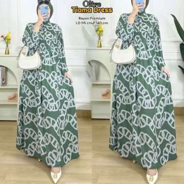 Dress Bunga Sepatu - Dress Wanita Armani Silk Gamis Terbaru Lengan Balon Panjang Baju Muslim Ruffel Motif Bunga Kekinian LD 110 cm Tiama Green