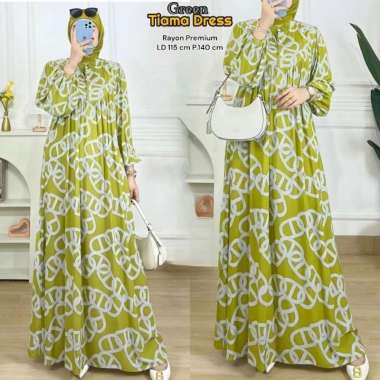 Dress Bunga Sepatu - Dress Wanita Armani Silk Gamis Terbaru Lengan Balon Panjang Baju Muslim Ruffel Motif Bunga Kekinian LD 110 cm Tiama Olive