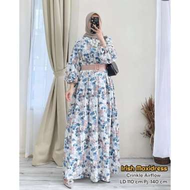 Dress Bunga Sepatu - Dress Wanita Armani Silk Gamis Terbaru Lengan Balon Panjang Baju Muslim Ruffel Motif Bunga Kekinian LD 110 cm Irish White