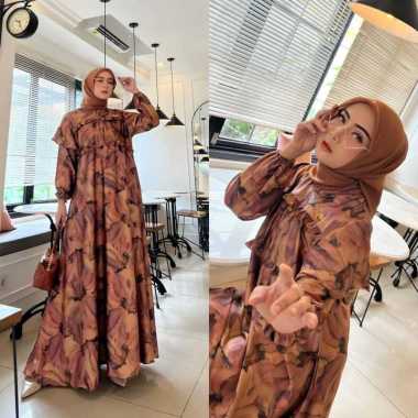 Dress Bunga Sepatu - Dress Wanita Armani Silk Gamis Terbaru Lengan Balon Panjang Baju Muslim Ruffel Motif Bunga Kekinian LD 110 cm Azzura Caramel