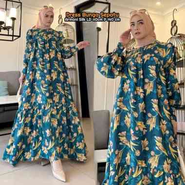 Dress Bunga Sepatu - Dress Wanita Armani Silk Gamis Terbaru Lengan Balon Panjang Baju Muslim Ruffel 