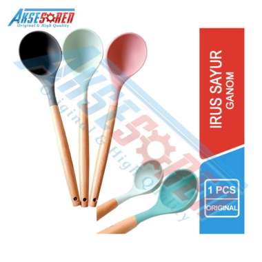 Aksesoren Centong Sayur Silikon [Ganom] / Irus Kuah Gagang Kayu / Sendok Alat Masak Sayur Sop Siliko