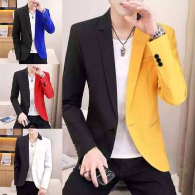BLAZER KOMBINASI KEKINIAN BAJU JAS PRIA MODERN MEN WARNA WARNI COWOK - All Size Biru