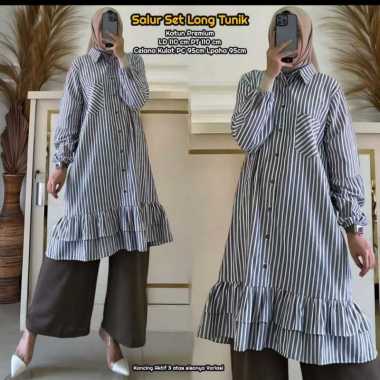 Salur Set - One Set Wanita Tunik Katun Premium Setelan Wanita Kekinian Kancing Baju Wanita Rempel Sa