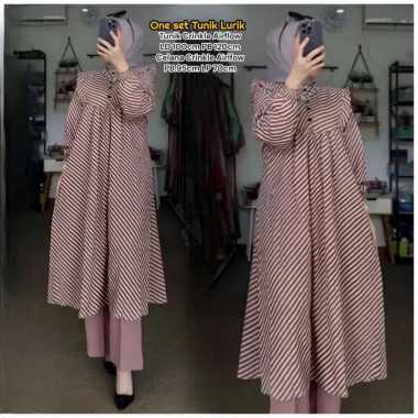 Salur Set - One Set Wanita Tunik Katun Premium Setelan Wanita Kekinian Kancing Baju Wanita Rempel Lu