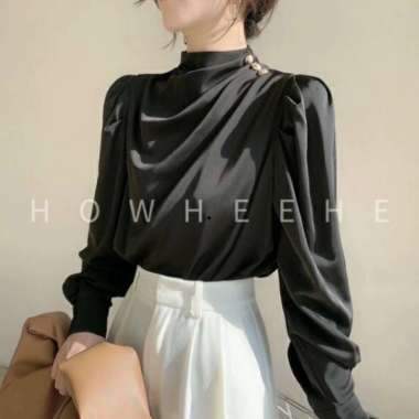 ATHE Atasan Blouse Satin Warna Polos/Baju Wanita Lengan Panjang Import - Merah Hitam