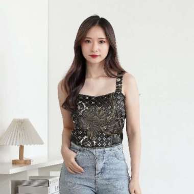 C2W Clothtowear korset crop Batik Wanita All Size Satin Women's Clothes 654-YSY Black