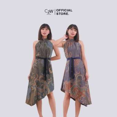 C2W Clothtowear Dress Batik Wanita All Size Satin Women's Clothes Halter Neck Loose Two Layer 640-SB
