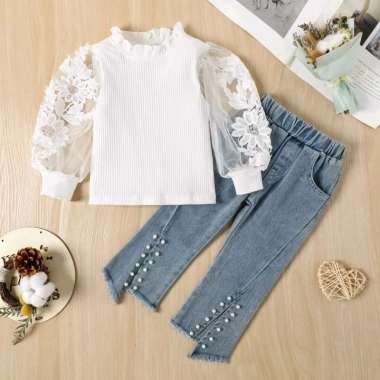 Setelan set anak perempuan kaos rajut + jeans mutiara setelan baju anak perempuan kaos panjang anak