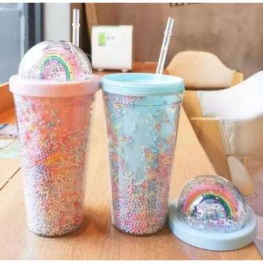 Botol Minum Tumbler Glitter Rainbow Foam 550ml / Tumbler Gelas Cantik Unik Kado Lucu